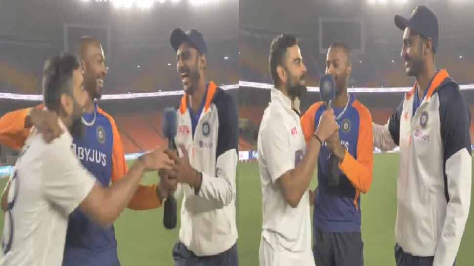 IND vs ENG: Virat Kohli ની ગુજરાતી સાંભળીને હાર્દિક-અક્ષર રોકી ન શક્યા હસું, Video જોઇ તમે પણ હસી પડશો IND vs ENG: Virat Kohli ની ગુજરાતી સાંભળીને હાર્દિક-અક્ષર રોકી ન શક્યા હસું, Video જોઇ તમે પણ હસી પડશો