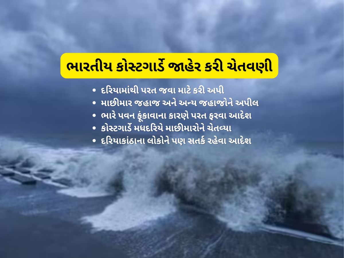 ગુજરાતના દરિયાકાંઠે કોસ્ટગાર્ડનું મોટું એલર્ટ, શક્તિશાળી લો પ્રેશર આગળ વધી રહ્યું છે, વાવાઝોડા જેવું ફૂંકાશે ગુજરાતના દરિયાકાંઠે કોસ્ટગાર્ડનું મોટું એલર્ટ, શક્તિશાળી લો પ્રેશર આગળ વધી રહ્યું છે, વાવાઝોડા જેવું ફૂંકાશે