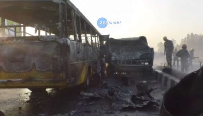 PICS સુરત: ગેસ સિલિન્ડર ભરેલી ટ્રકને અકસ્માત નડતા બાટલા ફાટ્યા