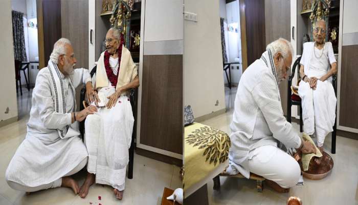 PM મોદીએ માતૃશ્રી હીરાબાના ચરણ પખાળ્યા, ચરણ ધોઈ જળને માથે ચડાવ્યું, જુઓ તસવીરો
