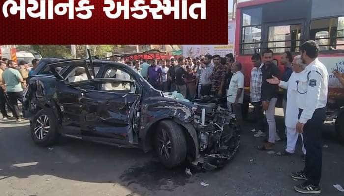 અકસ્માતની તસવીરો જોઈ ધ્રુજી જશો! અમદાવાદમાં SUV કાર AMTS બસ સાથે ભટકાઈ, એકનું મોત